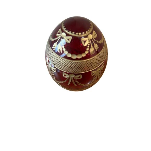 Faberge Russian style ruby red glass egg etched gold garnishment elaborate - Picture 4 of 7